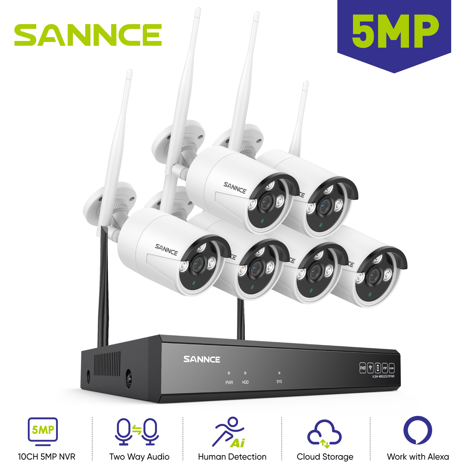 Home Security Monitoring - Sannce ชุดกล้องวงจรปิดรักษาความปลอดภัยวิดีโอและเสียงแบบสองทางกล้องรักษาความปลอดภัยสำหรับใช้ภายนอกอาคาร10CH 5MP 6ชิ้น