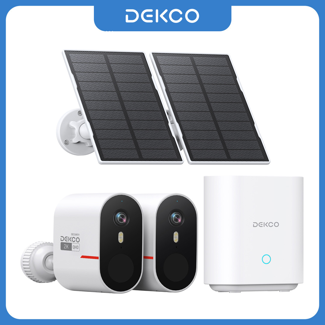 Home Security Tech - เด็คโค 3MP ไวไฟระบบกล้องโซลาร์เซลล์ 2 กล้องชุดกล้องรักษาความปลอดภัยภายในบ้านแบบไร้สายกลางแจ้งชุดกล้องมองกลางคืนสีเสียง 2