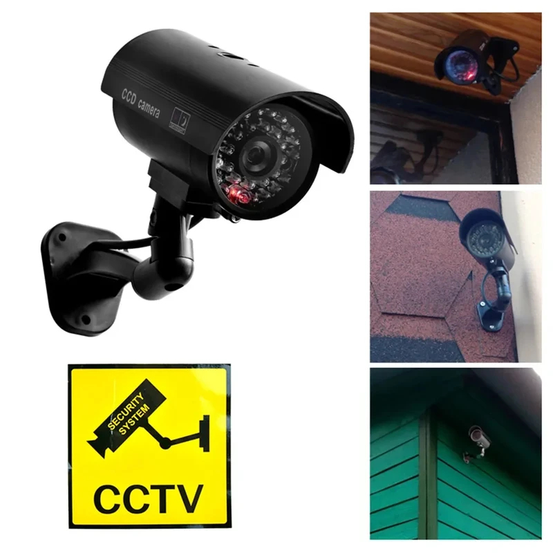 Home Security Tech - กล้องจำลองรูปทรงกระสุน กล้องปลอมสำหรับภายนอกอาคาร พร้อมไฟ LED กันน้ำ มีไฟกระพริบ