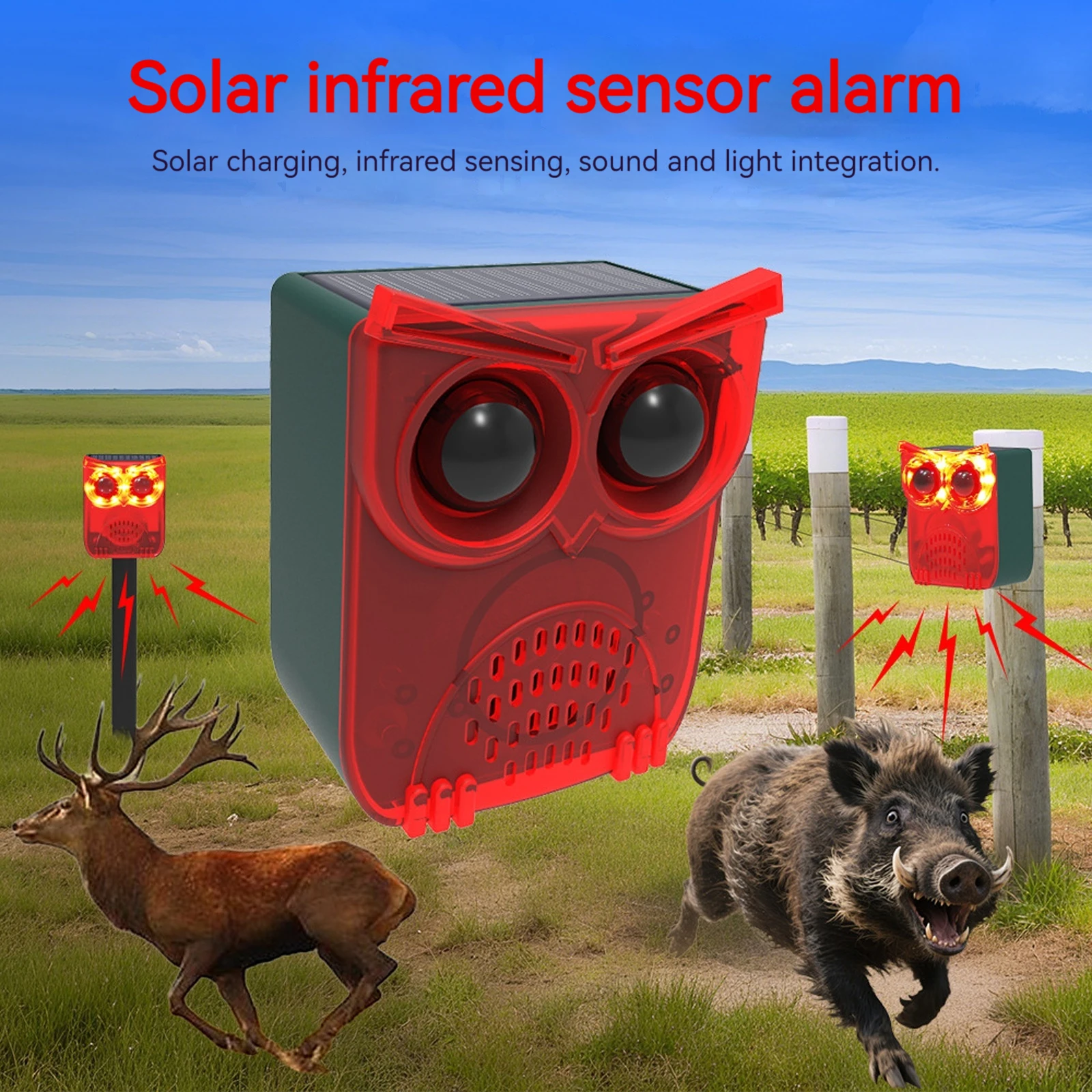 Home Security Siren - เครื่องไล่สัตว์กลางแจ้งแบบกันน้ำ ใช้พลังงานแสงอาทิตย์ พร้อมเซ็นเซอร์ตรวจจับความเคลื่อนไหว เสียงสุนัขเห่าและเสียงปืน ไล่แรคคูน หมี
