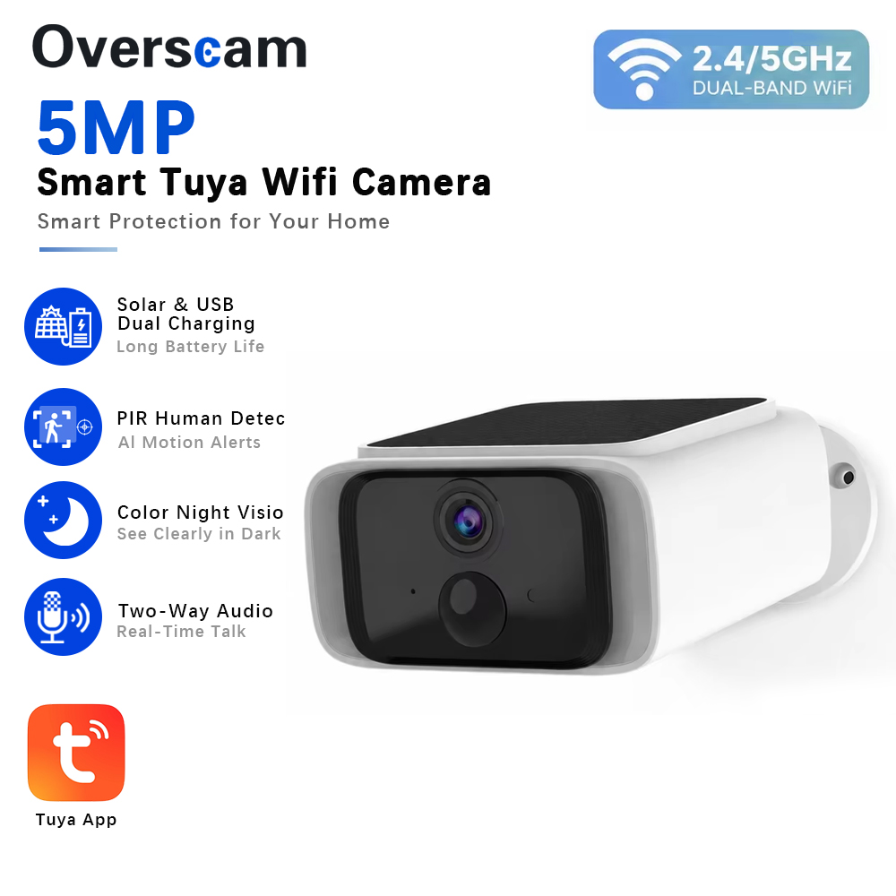 Home Security Tech - กล้องวงจรปิดพลังงานแสงอาทิตย์ Tuya 5MP ไร้สายสำหรับภายนอกอาคาร รองรับ WiFi